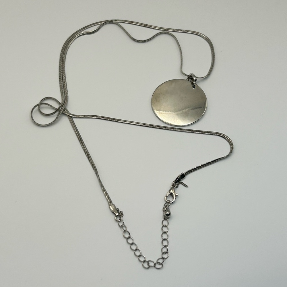 Round Disk Pendant Necklace 31" Long Chain Adjustable Silver Tone Fashion - Picture 6 of 10